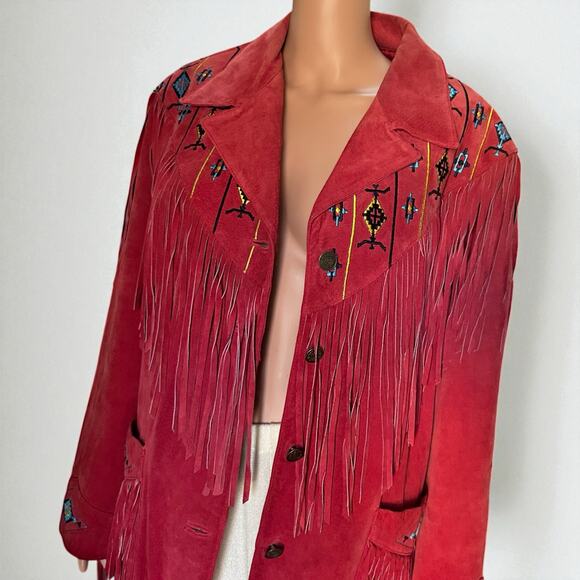 Lew Magram Suede Fringe JCK Women’s 1X Red Western Boho Embroidered Leather Coat - Picture 1 of 12